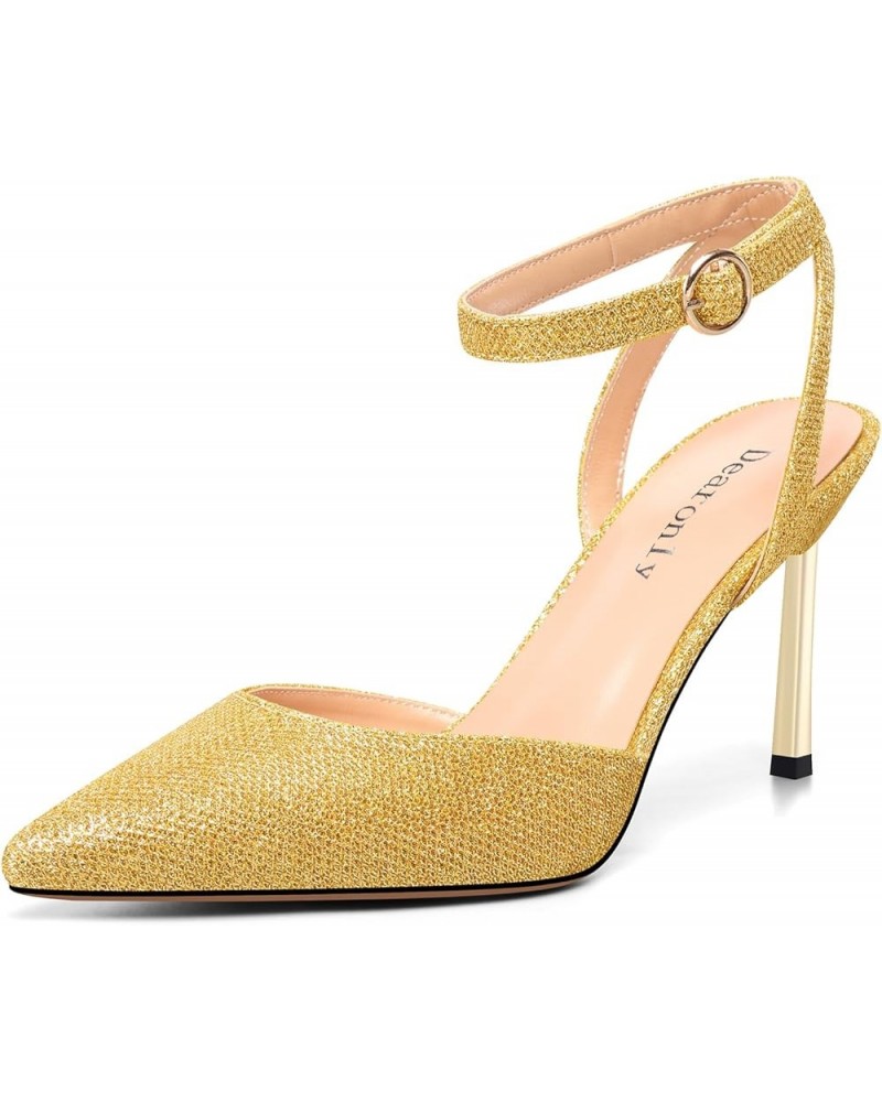 Womens Pointed Toe Ankle Strap Glitter Pumps High Heel Slingback Buckle Sandals Dress Wedding 3.3 Inches Heels Dark Yellow $4...