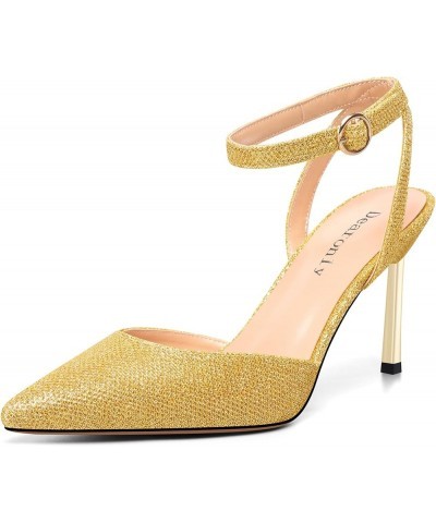 Womens Pointed Toe Ankle Strap Glitter Pumps High Heel Slingback Buckle Sandals Dress Wedding 3.3 Inches Heels Dark Yellow $4...