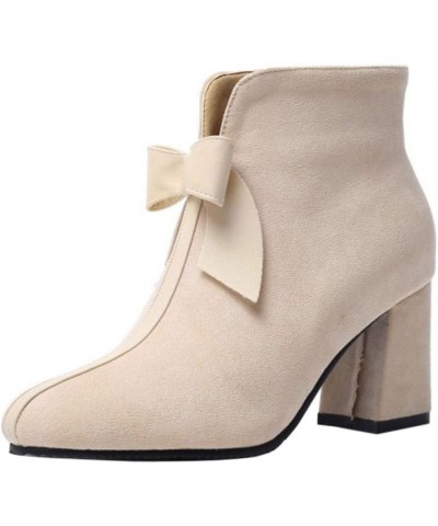 Women Sweet Bow Booties Block Heels Zipper Beige $21.05 Boots