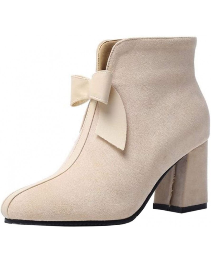 Women Sweet Bow Booties Block Heels Zipper Beige $21.05 Boots