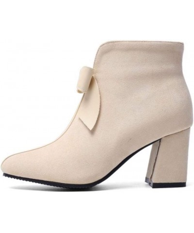 Women Sweet Bow Booties Block Heels Zipper Beige $21.05 Boots