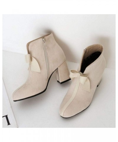 Women Sweet Bow Booties Block Heels Zipper Beige $21.05 Boots