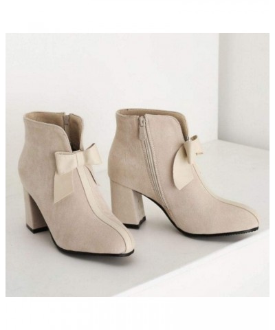 Women Sweet Bow Booties Block Heels Zipper Beige $21.05 Boots