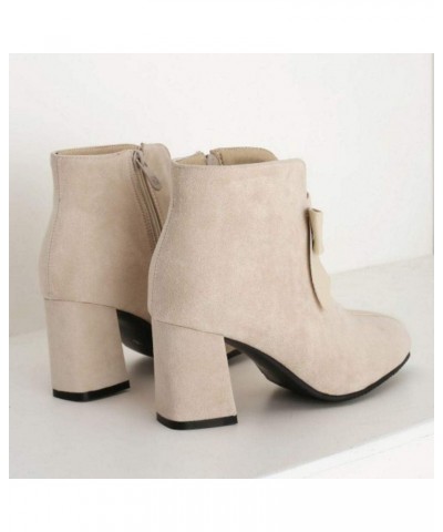 Women Sweet Bow Booties Block Heels Zipper Beige $21.05 Boots