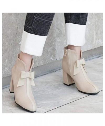 Women Sweet Bow Booties Block Heels Zipper Beige $21.05 Boots