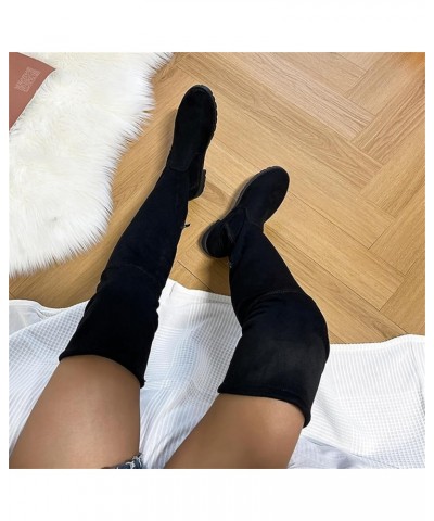 Ladies Fashion Solid Color Peated Leather Bow Tie Back Thick Heel Long Knee High Wide Calf Boots for Women plus Size Black-4 ...