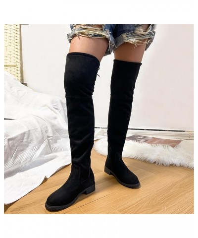 Ladies Fashion Solid Color Peated Leather Bow Tie Back Thick Heel Long Knee High Wide Calf Boots for Women plus Size Black-4 ...