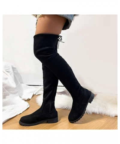 Ladies Fashion Solid Color Peated Leather Bow Tie Back Thick Heel Long Knee High Wide Calf Boots for Women plus Size Black-4 ...