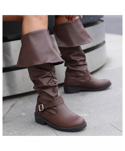 Womens Leather Knee High Boots Fashion Belt Buckle Flat Low Heel Slouch Boots Solid Color Round Toe Comfortable Pull On Mid C...