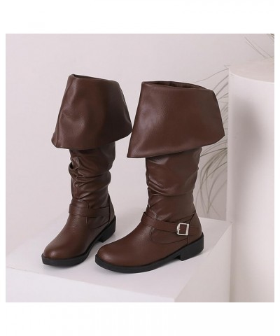 Womens Leather Knee High Boots Fashion Belt Buckle Flat Low Heel Slouch Boots Solid Color Round Toe Comfortable Pull On Mid C...