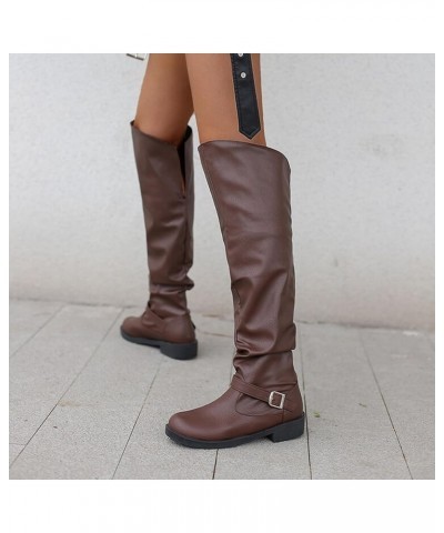 Womens Leather Knee High Boots Fashion Belt Buckle Flat Low Heel Slouch Boots Solid Color Round Toe Comfortable Pull On Mid C...