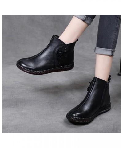 Women Autumn Small Flowers Round Toe Side Zipper Cowhide Insole Flat Heeled Platform Ankle Booties for Banquet Black Wool 330...