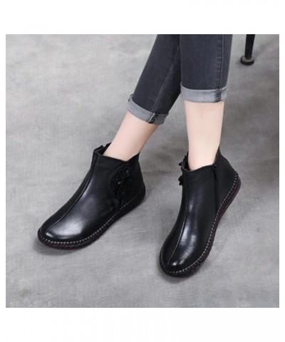 Women Autumn Small Flowers Round Toe Side Zipper Cowhide Insole Flat Heeled Platform Ankle Booties for Banquet Black Wool 330...