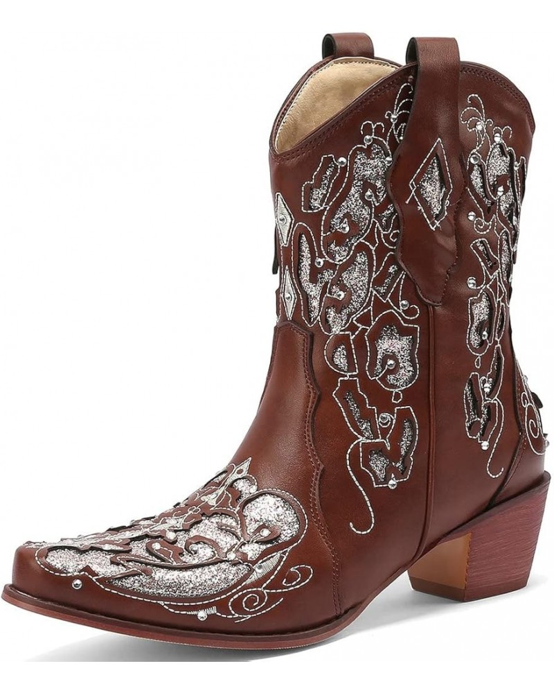 Short Sparkly Rhinestone Cowboy Boots Glitter Chunky Cowgirl Embroidered Western Boots Brown $38.87 Boots