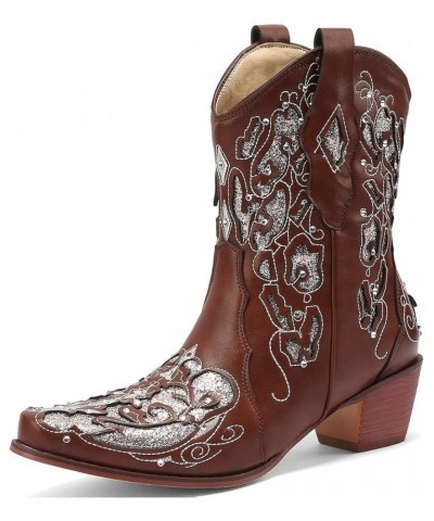 Short Sparkly Rhinestone Cowboy Boots Glitter Chunky Cowgirl Embroidered Western Boots Brown $38.87 Boots