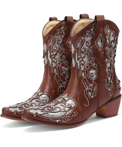 Short Sparkly Rhinestone Cowboy Boots Glitter Chunky Cowgirl Embroidered Western Boots Brown $38.87 Boots