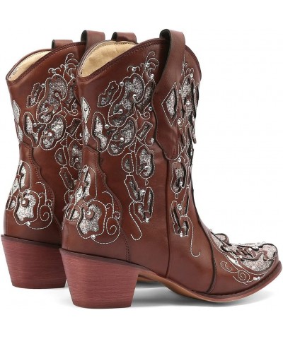 Short Sparkly Rhinestone Cowboy Boots Glitter Chunky Cowgirl Embroidered Western Boots Brown $38.87 Boots