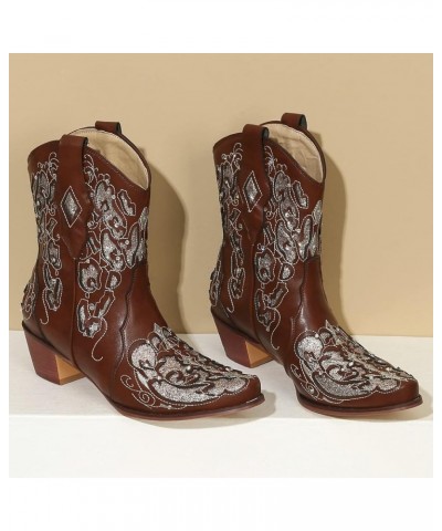 Short Sparkly Rhinestone Cowboy Boots Glitter Chunky Cowgirl Embroidered Western Boots Brown $38.87 Boots