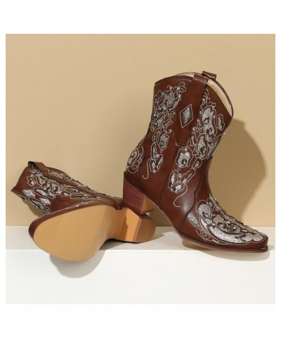 Short Sparkly Rhinestone Cowboy Boots Glitter Chunky Cowgirl Embroidered Western Boots Brown $38.87 Boots