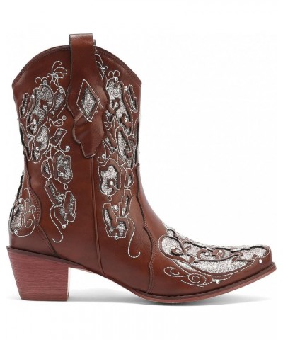 Short Sparkly Rhinestone Cowboy Boots Glitter Chunky Cowgirl Embroidered Western Boots Brown $38.87 Boots