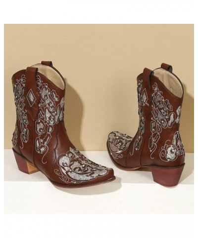 Short Sparkly Rhinestone Cowboy Boots Glitter Chunky Cowgirl Embroidered Western Boots Brown $38.87 Boots