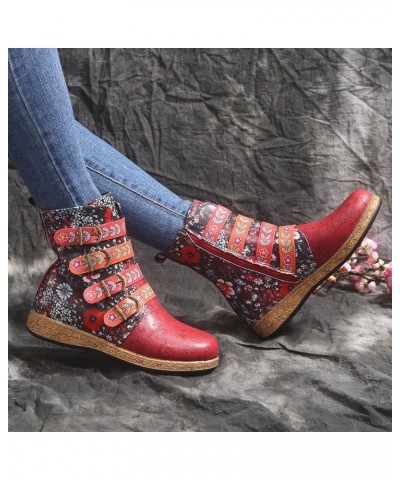 Women Flat Ankle Booties Vintage Flowers Print Belt Buckle Leather Mid Calf Boots Zipper Retro Round Toe Fashion Combat Ridin...