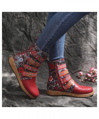 Women Flat Ankle Booties Vintage Flowers Print Belt Buckle Leather Mid Calf Boots Zipper Retro Round Toe Fashion Combat Ridin...