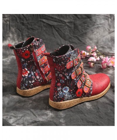 Women Flat Ankle Booties Vintage Flowers Print Belt Buckle Leather Mid Calf Boots Zipper Retro Round Toe Fashion Combat Ridin...