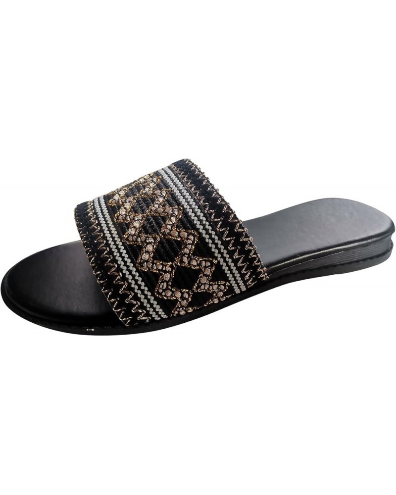 Wide Slippers for Women Ladies Fashion Summer Ethnic Style Color Blocking Cloth Pattern Flat Beach Slippers (Black, 9) Black ...