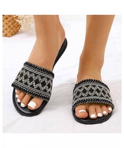 Wide Slippers for Women Ladies Fashion Summer Ethnic Style Color Blocking Cloth Pattern Flat Beach Slippers (Black, 9) Black ...