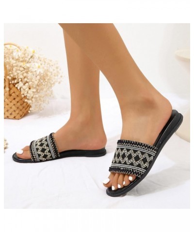 Wide Slippers for Women Ladies Fashion Summer Ethnic Style Color Blocking Cloth Pattern Flat Beach Slippers (Black, 9) Black ...