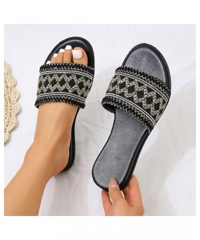 Wide Slippers for Women Ladies Fashion Summer Ethnic Style Color Blocking Cloth Pattern Flat Beach Slippers (Black, 9) Black ...