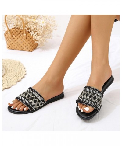 Wide Slippers for Women Ladies Fashion Summer Ethnic Style Color Blocking Cloth Pattern Flat Beach Slippers (Black, 9) Black ...