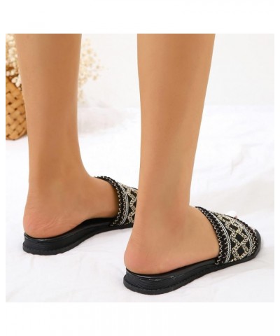 Wide Slippers for Women Ladies Fashion Summer Ethnic Style Color Blocking Cloth Pattern Flat Beach Slippers (Black, 9) Black ...