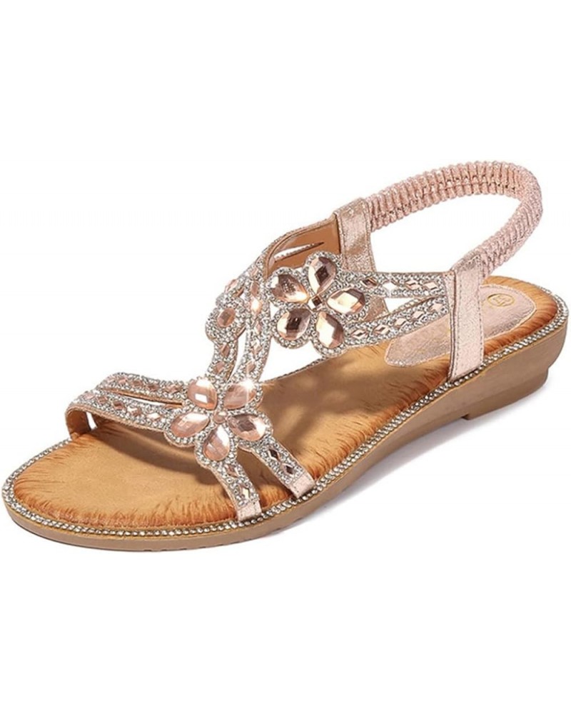 Summer Boho Sandals Ladies Sparkling Flower Crystal Flat Sandals Beach Casual Shoes Sexy Outdoor Ladies Shoes 9 Pink $22.66 S...