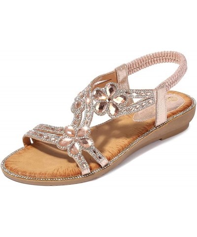 Summer Boho Sandals Ladies Sparkling Flower Crystal Flat Sandals Beach Casual Shoes Sexy Outdoor Ladies Shoes 9 Pink $22.66 S...