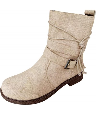 Women Buckle Decor Tie Side Faux Suede Boots Casual Single Boots Ladies Shoes Short Boots Boot for Women Flat Beige $15.33 Boots