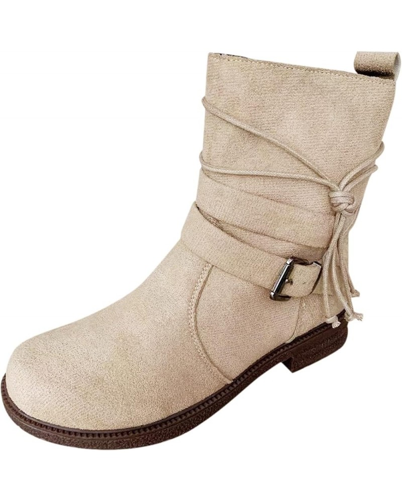 Women Buckle Decor Tie Side Faux Suede Boots Casual Single Boots Ladies Shoes Short Boots Boot for Women Flat Beige $15.33 Boots