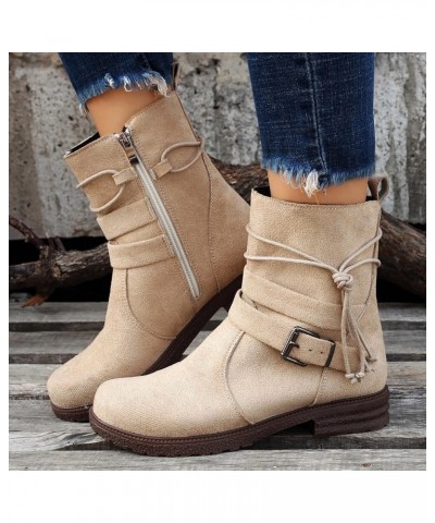 Women Buckle Decor Tie Side Faux Suede Boots Casual Single Boots Ladies Shoes Short Boots Boot for Women Flat Beige $15.33 Boots