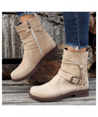 Women Buckle Decor Tie Side Faux Suede Boots Casual Single Boots Ladies Shoes Short Boots Boot for Women Flat Beige $15.33 Boots