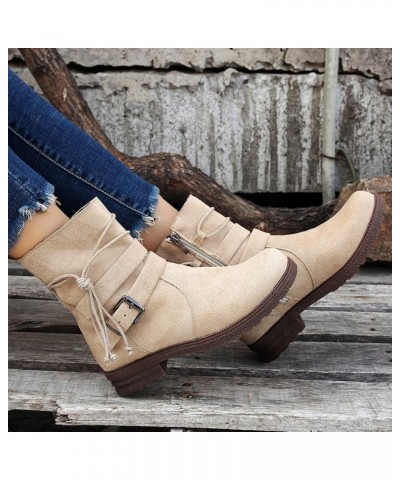 Women Buckle Decor Tie Side Faux Suede Boots Casual Single Boots Ladies Shoes Short Boots Boot for Women Flat Beige $15.33 Boots