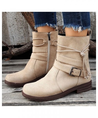 Women Buckle Decor Tie Side Faux Suede Boots Casual Single Boots Ladies Shoes Short Boots Boot for Women Flat Beige $15.33 Boots