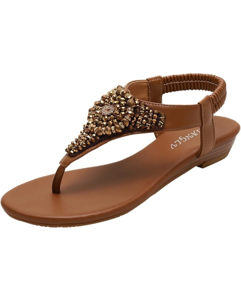 women's sandals boho bohemia beach flat, Floral Crystal beaded Elastic Band Casual summer beach Flip Flops Brown $13.93 Sandals