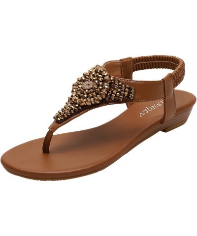 women's sandals boho bohemia beach flat, Floral Crystal beaded Elastic Band Casual summer beach Flip Flops Brown $13.93 Sandals