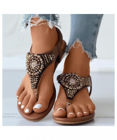 women's sandals boho bohemia beach flat, Floral Crystal beaded Elastic Band Casual summer beach Flip Flops Brown $13.93 Sandals