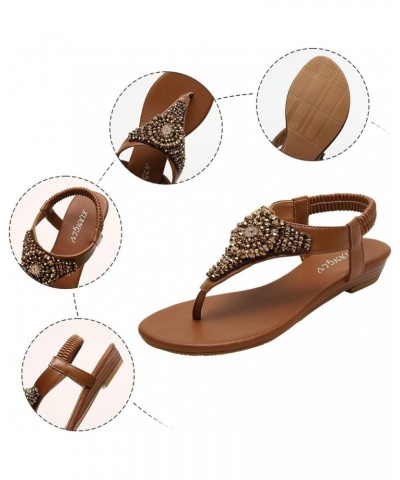 women's sandals boho bohemia beach flat, Floral Crystal beaded Elastic Band Casual summer beach Flip Flops Brown $13.93 Sandals