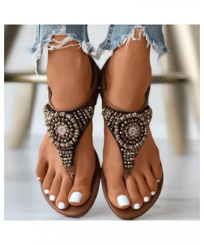 women's sandals boho bohemia beach flat, Floral Crystal beaded Elastic Band Casual summer beach Flip Flops Brown $13.93 Sandals