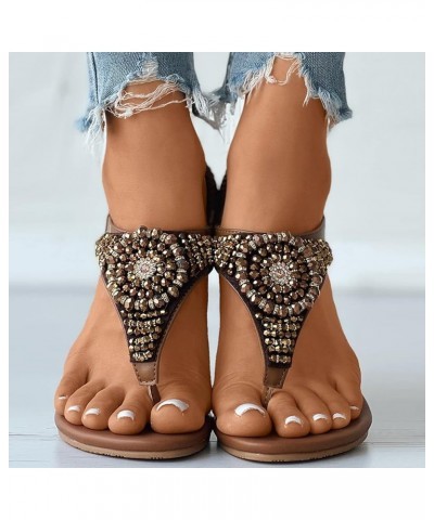 women's sandals boho bohemia beach flat, Floral Crystal beaded Elastic Band Casual summer beach Flip Flops Brown $13.93 Sandals