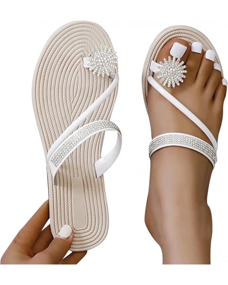 Summer Sandals for Women 2023 Dressy Rhinestone Flower Sandals Dressy Summer Bohemian, T-Strap Elastic Ankle Strap Flat Sanda...