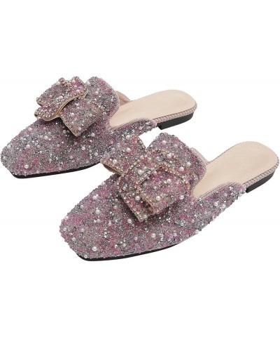 Women Mules Bow-knot Closed Square toe Mules Fashion Rhinestones Flat Slippers Slip On Loafers Casual Flat Shoes 050-pink $17...